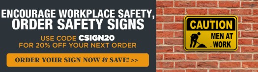 Men At Work Caution Sign Mounted on a Red Brick Wall, Get 20% Off Your Order with Code CSIGN20