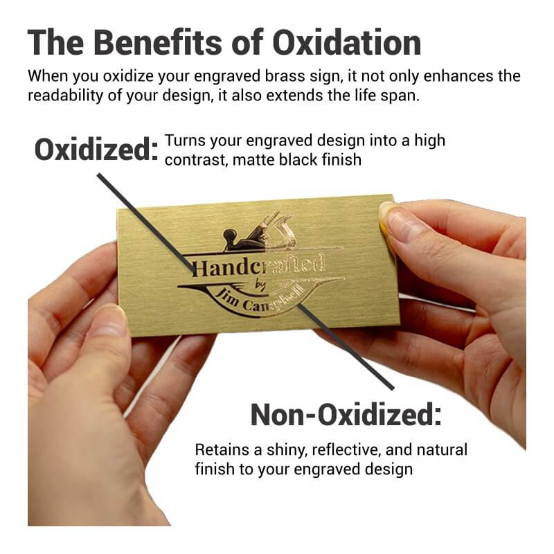 Infographic explaining how oxidizing turns the engraving black so letters stand out more
