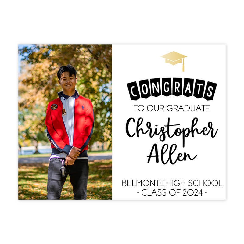 Custom graduation yard sign with a graduation photo and the name in script text