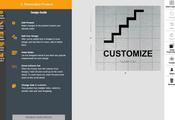 the UI of the custom signs design wizard