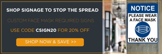 shop signage to stop the spear, custom face mask required signs, use code csign20 for 20% off, shop now and save