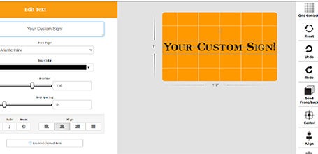 Screenshot of the Custom Signs design tool showing a user creating a sign that reads, Your Custom Sign!