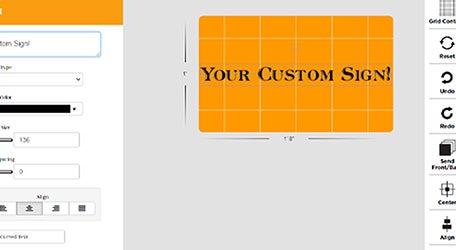Screenshot of the Custom Signs design tool showing a user creating a sign that reads, Your Custom Sign!