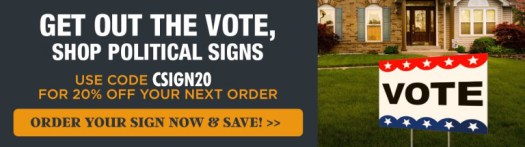 Get Out the Vote, Shop Political Signs, Get 20% Off Next Order with Code VOTE2020, Vote Sign on Lawn in Front of House