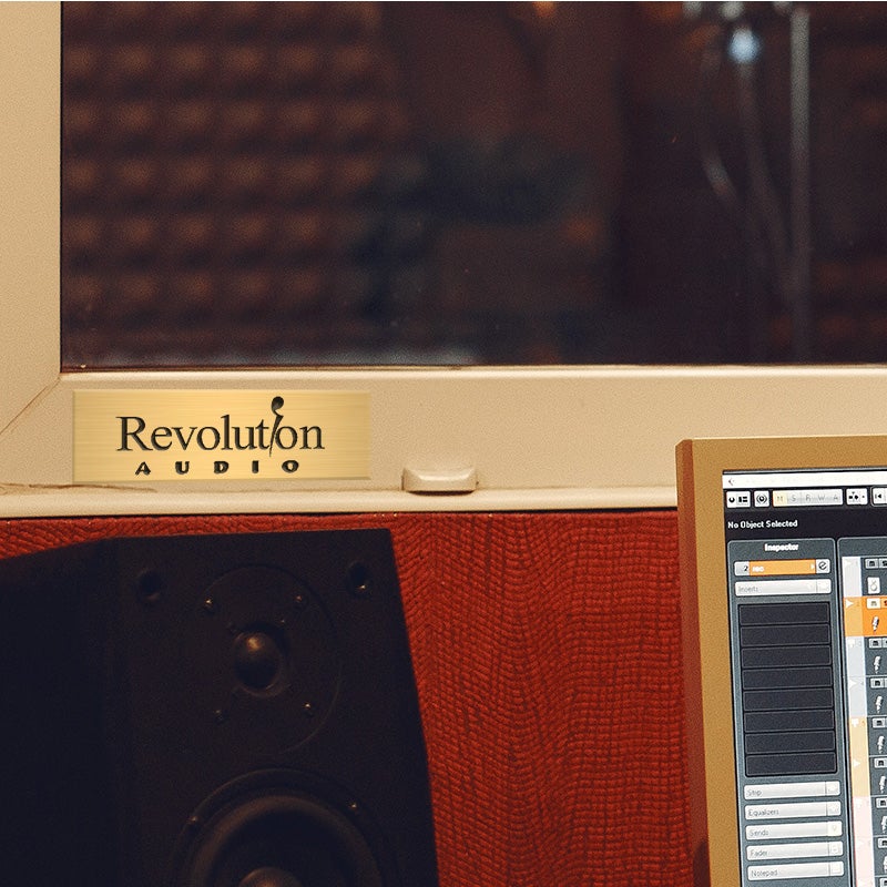 Custom Engraved Brass Plate In A Recording Studio Saying Revolution Audio