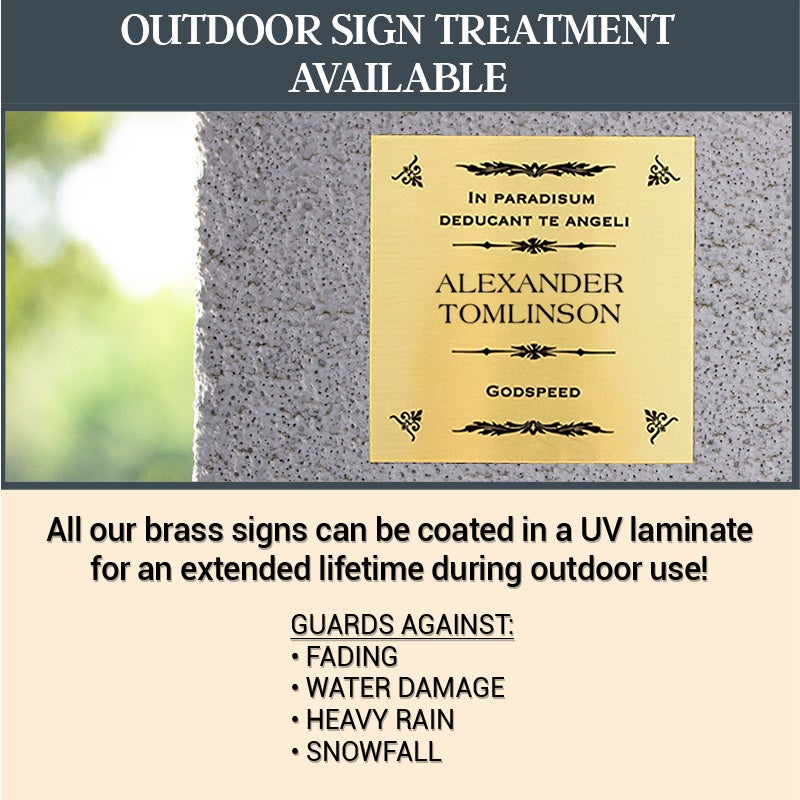 Infographic Showing An Engraved Brass Plaque Outdoors And Lists Benefits Of A UV Laminate