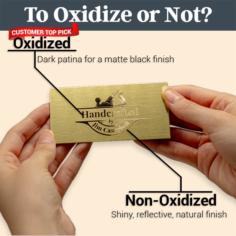 Infographic Showing Brass Engraving With An Oxidized Matte Black Finish And A Non-Oxidized Natural Glossy Finish