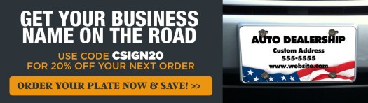 Get 20% Off Front License Plates with Code CSIGNS20, Custom Auto Dealership Front License Plate