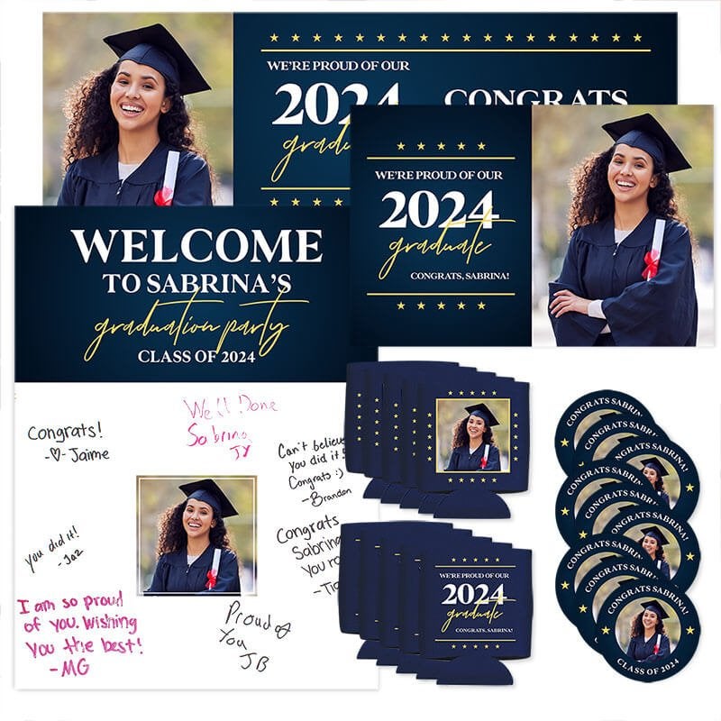 Graduation party pack with a yard sign, banner, welcome sign, stickers, and can coolers