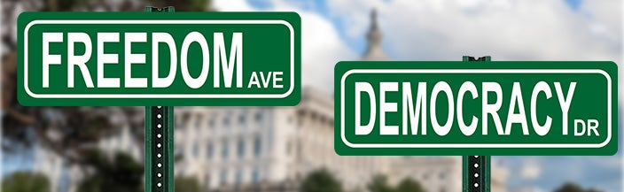 Two green street signs with white borders that say FREEDOM AVE and DEMOCRACY DR with the capitol building in the background