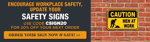 Use Code CSIGN20, Men at Work Caution Sign on a Brick Wall
