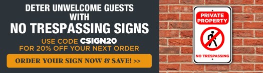 Get 20% Off Your Order with Code CSIGN20, Private Property No Trespassing Sign on Brick Wall