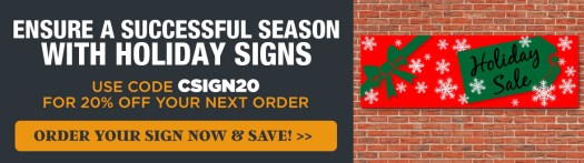 Save 20 Percent on Holiday Signs with Code CSIGN20, Holiday Sale Banner on Brick Wall