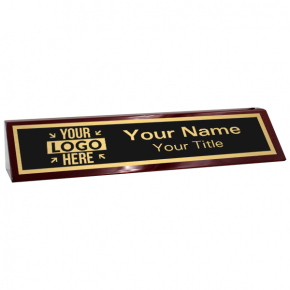 Custom Text Desk Block with Logo | 2" x 10" rosewood and gold