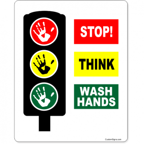 Stop Think Wash Hands Full Color Sign | 10" x 8"