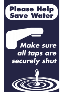 Navy Background with White Icons Reading "Please Help Save Water, Make sure all taps are securely shut"
