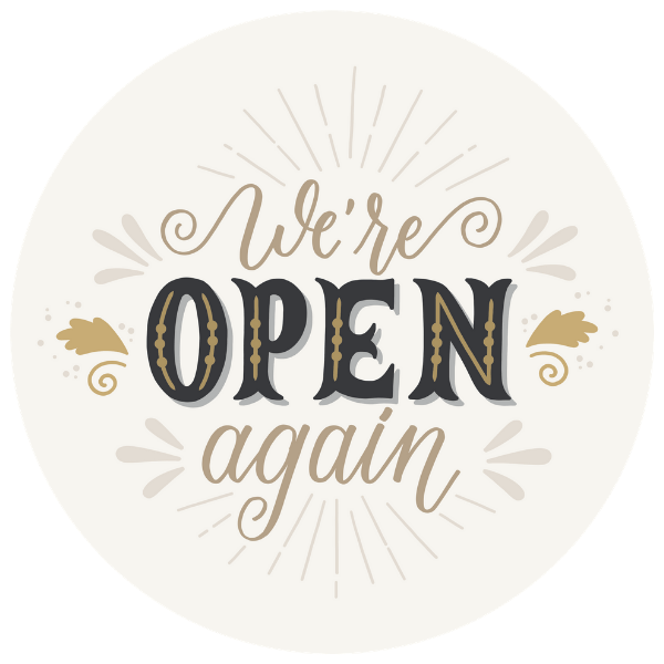 We're Open Again 8 inch Beige Business Reopening Window Decal