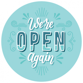 We're Open Again 8 inch Blue Business Reopening Window Decal