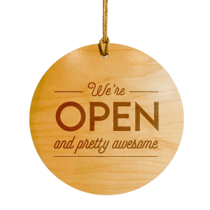 engraved wooden open sign